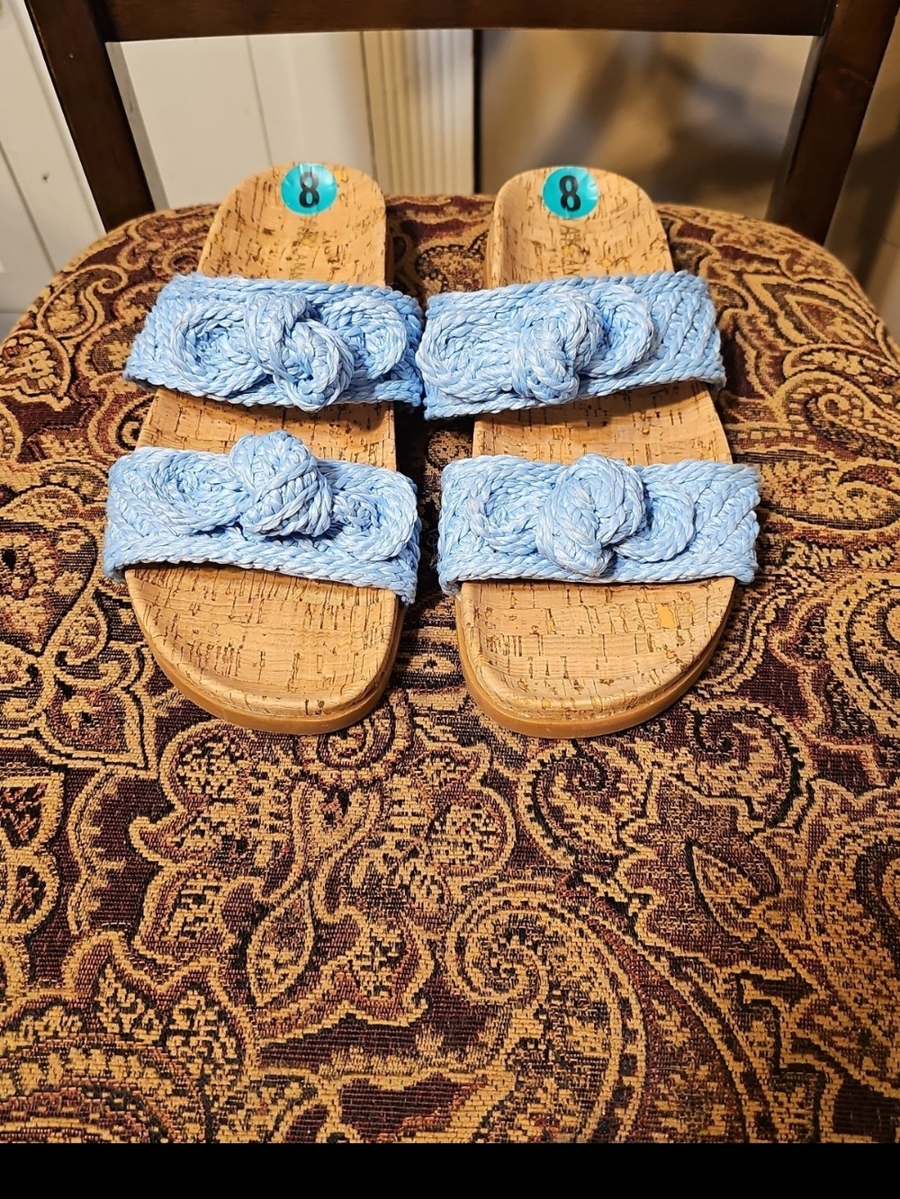 Anne Klein Light Blue Braided Raffia Slide Sandals